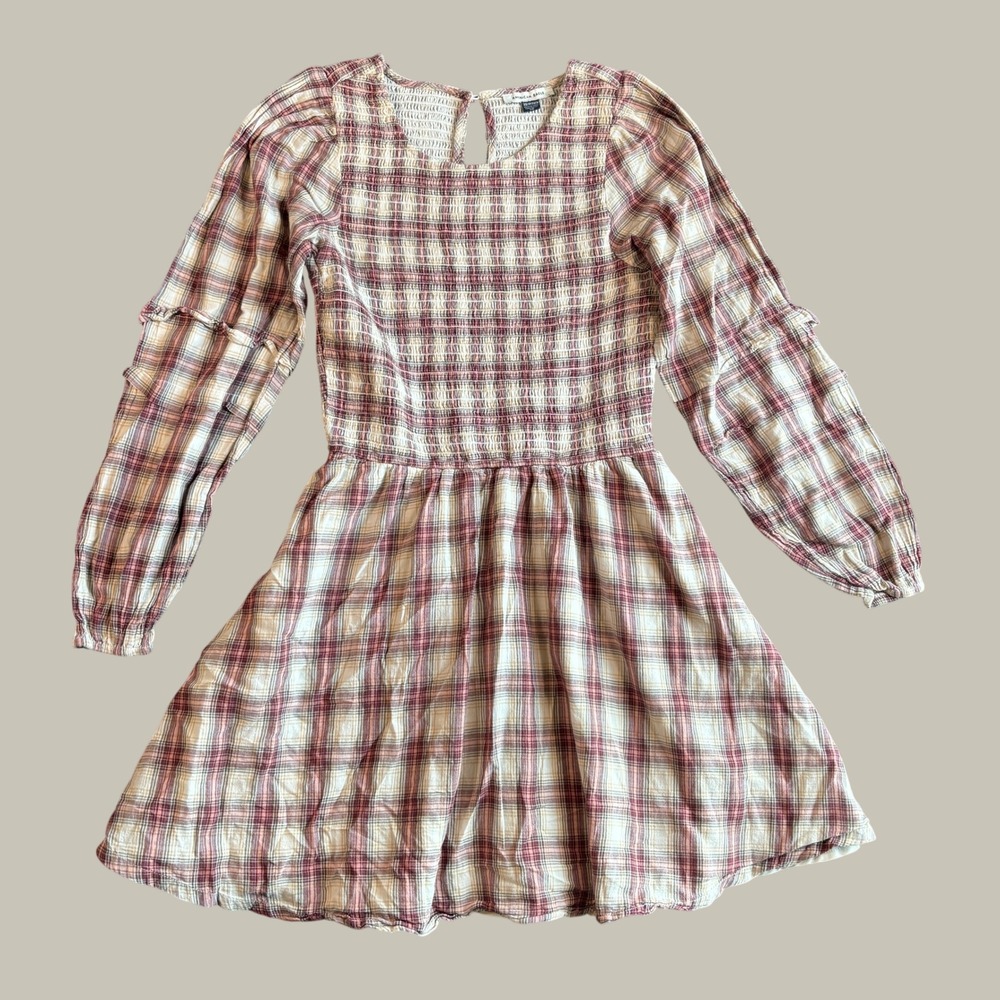 American Eagle Womens Plaid Dress XS Red Cream Smocked Fit & Flare Cottagecore